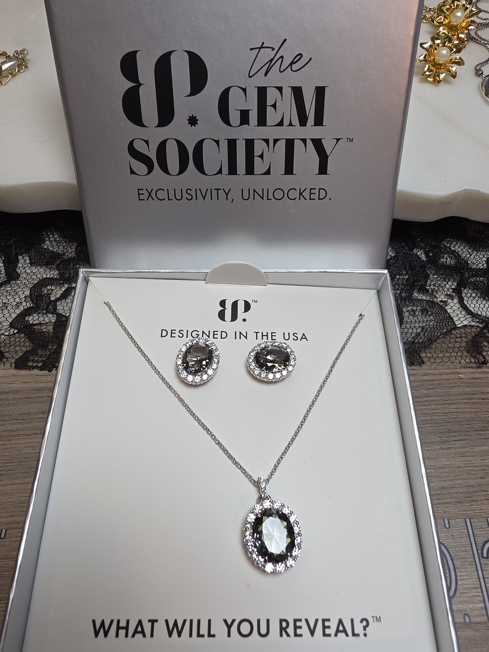 BP The Gem Society 2424 Necklace and Earring Set in Smoky Quartz On Rhodium